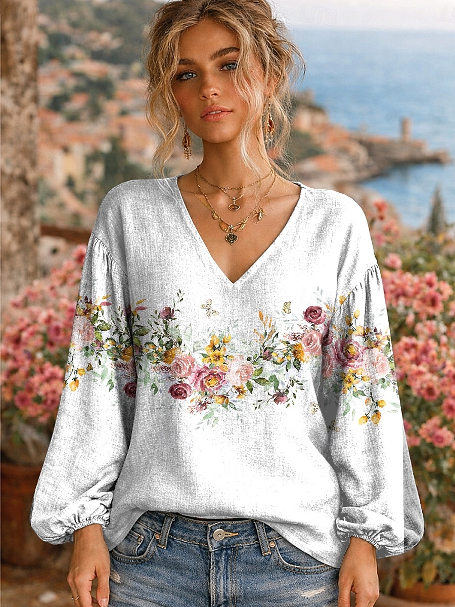 Kvinnors Boho Blus Linne Likt Andningsbart Lättvikt Blommig Grafisk Elegant Bohemisk Vintage Långärmad V-ringad Vanliga Toppar Dagliga Helg Patchwork Knapptryck Blå Vit Rosa Ljust Blå Sommar 2026 - $32.99 –P2