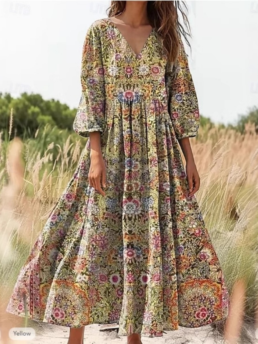 Pentru femei Rochii Midi Rochie florala Rochie imprimata Modă Modern În aer liber Vacanță Ieșire Potrivire Largă Floral Lungime Manșon 3/4 În V Albastru piscină Galben Portocaliu Vară Primăvară 2026 - $51.99 –P2