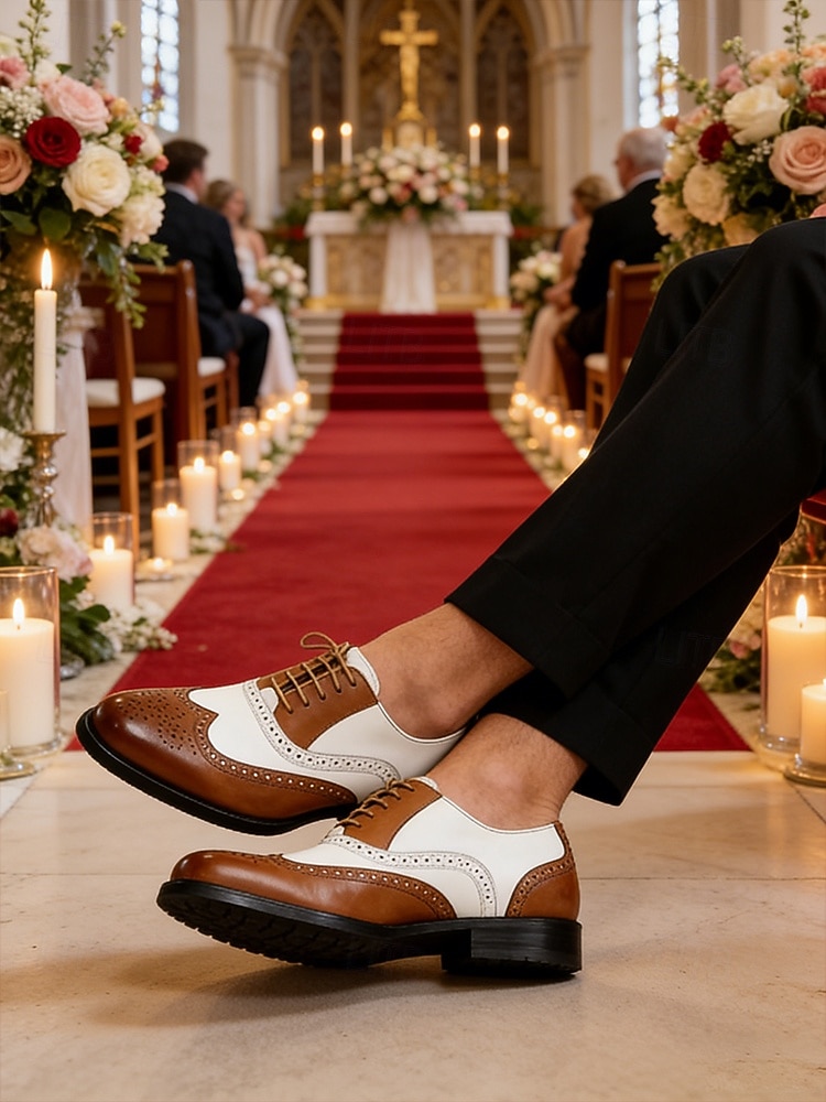scarpe eleganti da uomo bicolore, stile oxford marrone e bianco, design con lacci, look vintage elegante per matrimoni e occasioni formali del 2026 a $34.99 –P4