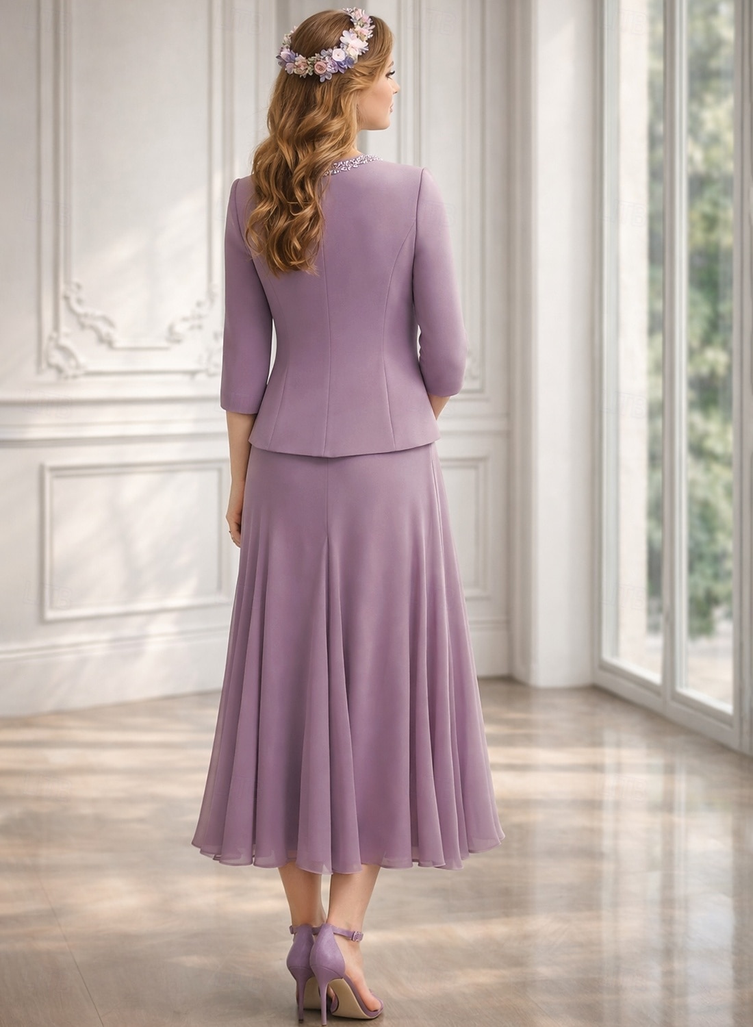 Two Piece A-Line Tea Length Wedding Guest Dress Mother of the Bride Dress 3/4 Length Sleeve Jewel Neck Elegant Wedding Guest Engagement Party Chiffon with Beading 2026 - $206.99 –P3