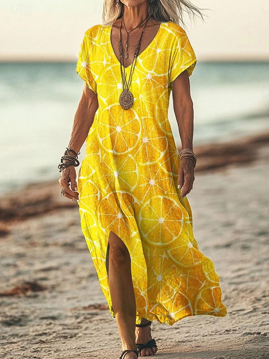 Women's Maxi Dress T Shirt Dress Tee Dress Sundress A Line Dress Vacation Casual Beach Going out Loose Fit Ombre Graphic Short Sleeve V Neck Blue Yellow Orange Summer Spring 2026 - $27.99 –P3