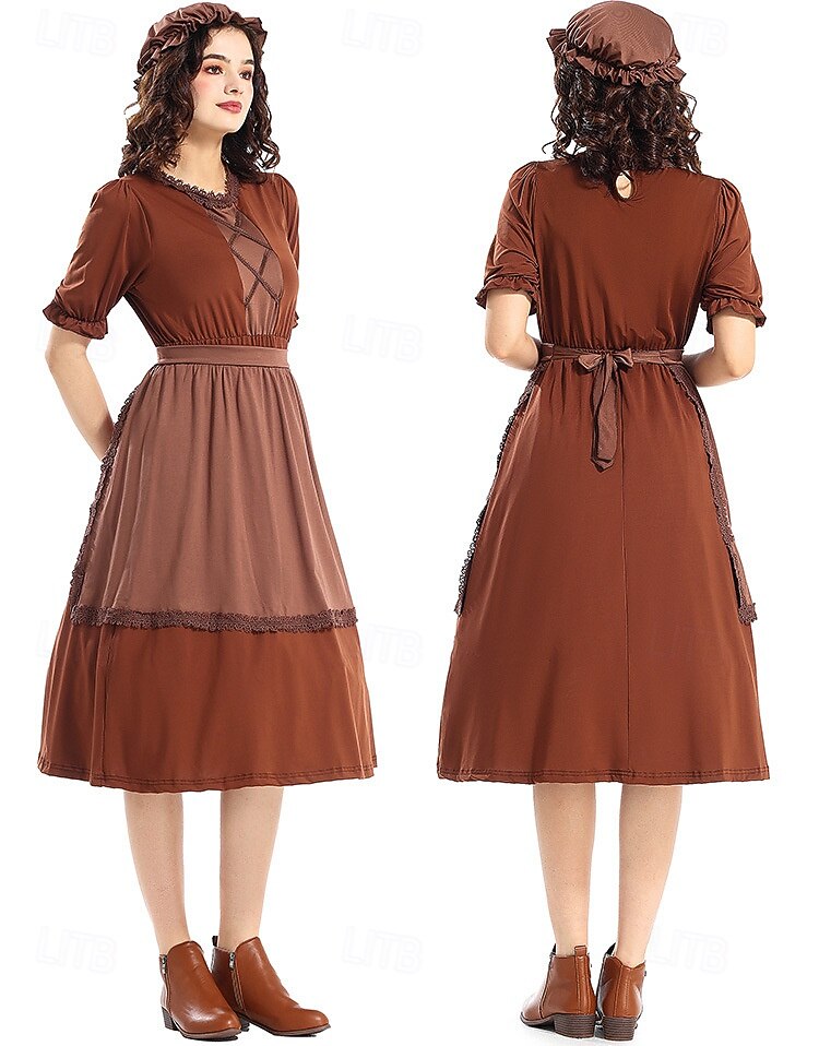 250º Aniversario de EE. UU. Siglo 19 década de 1800 Vestido de la pradera Conjunto de gorro y delantal Mangas cortas Chica pionera Colonial Pionero Guerra Revolucionaria Disfraz Mujer Víspera de 2026 - $40.99 –P1