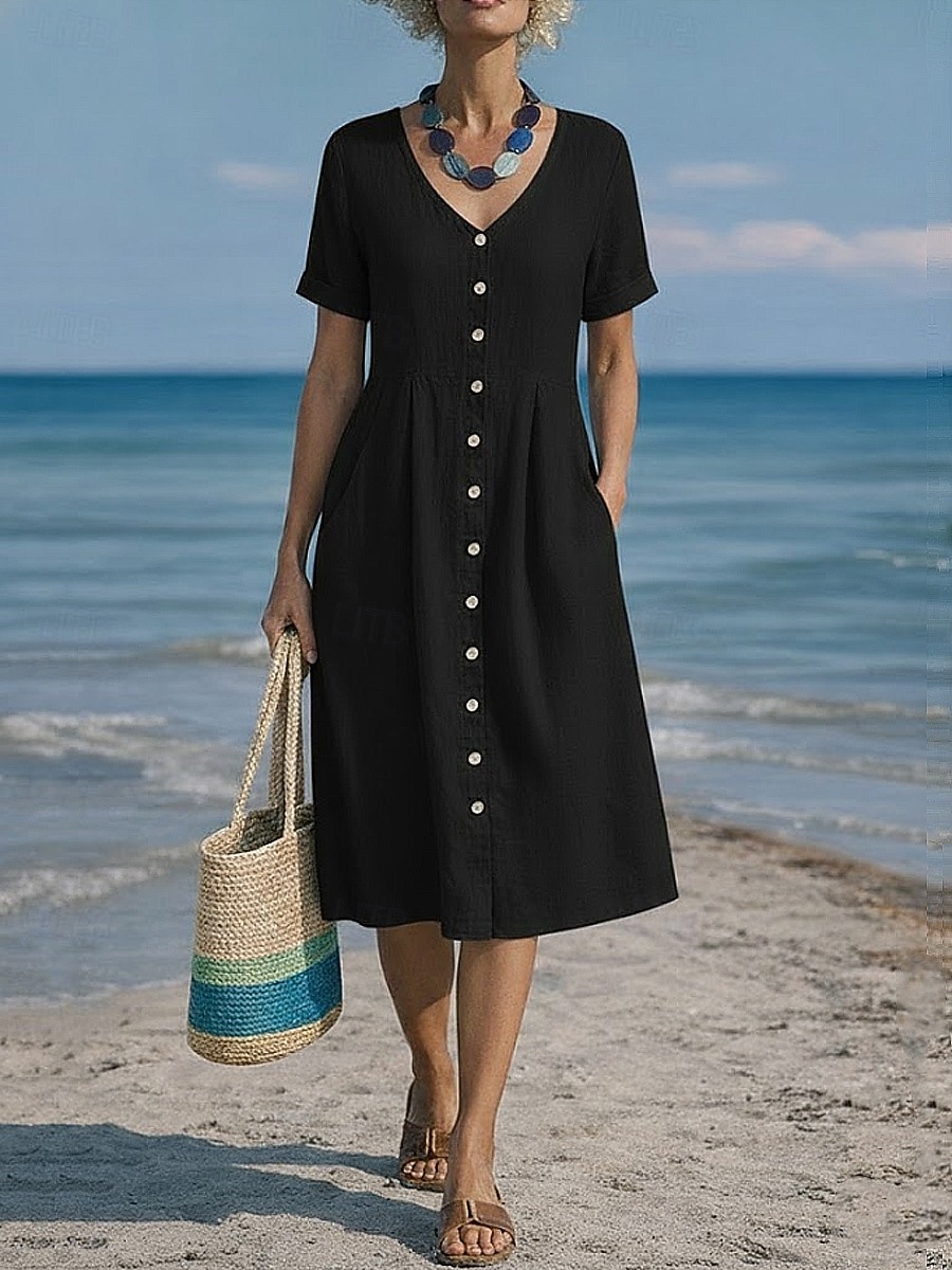 Damskie Sukienka midi Sztuczna bawełna len Sukienka A line Codzienny Codzienny Regularny Równina Krótki rękaw W serek Niebieski Czarny Biały Wino Lato Wiosna 2026 - $31.99 –P10