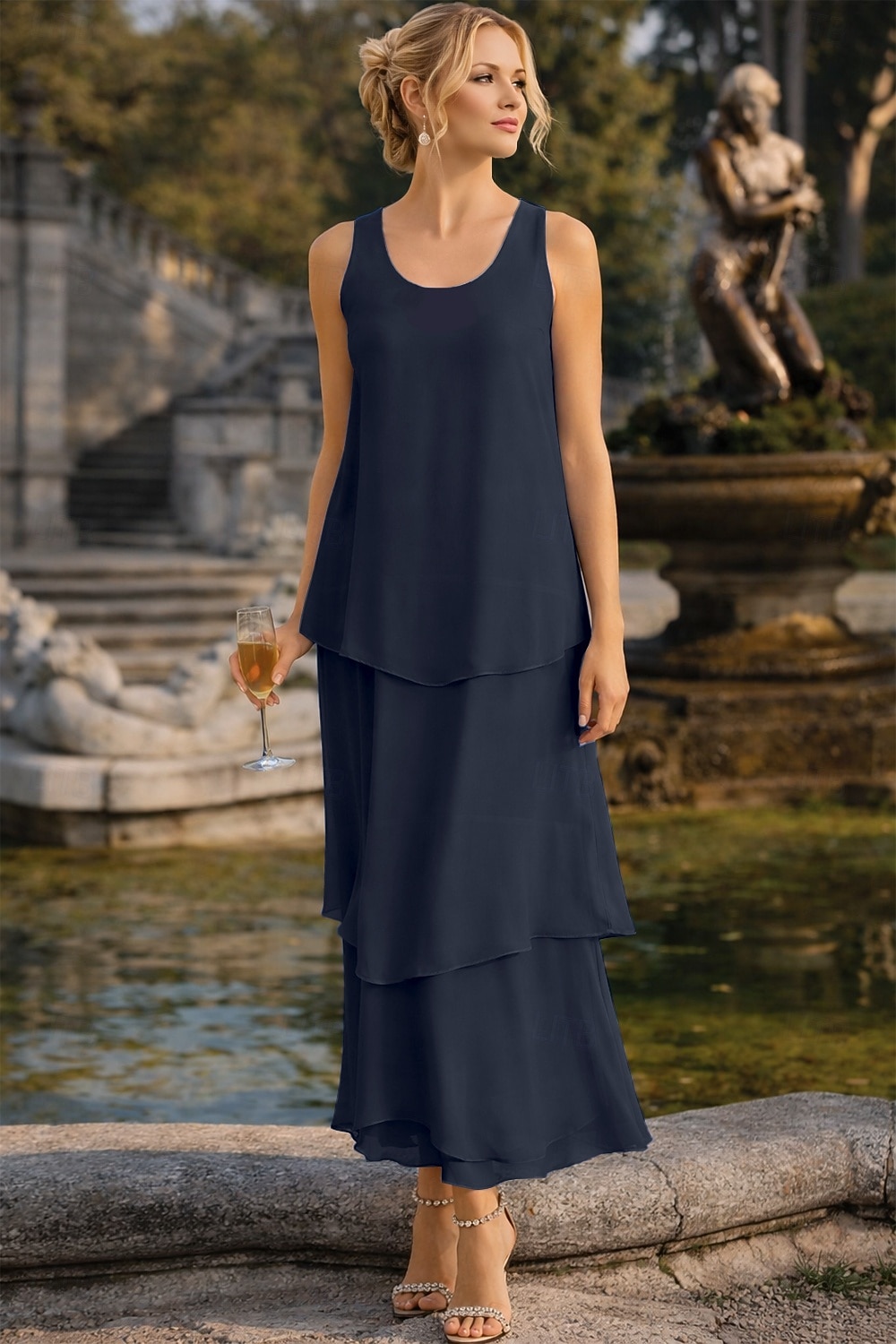 Tubinho Até o Tornozelo Vestido de convidada de casamento Vestido formal Tiered Dress Vestido Para Mãe dos Noivos Sem Manga Decote V Elegante Simples Convidado do casamento Semi formal Chiffon com de 2026 por €105.99 –P3