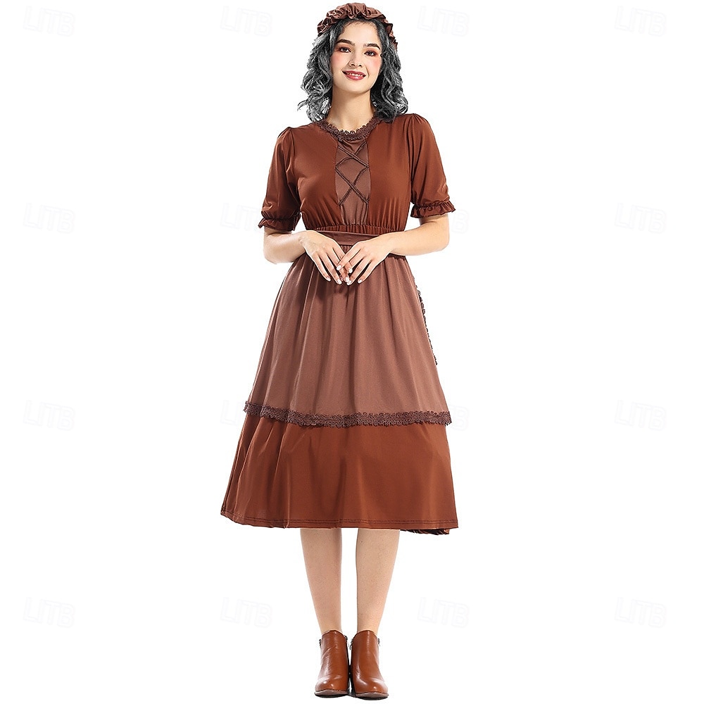 250º Aniversario de EE. UU. Siglo 19 década de 1800 Vestido de la pradera Conjunto de gorro y delantal Mangas cortas Chica pionera Colonial Pionero Guerra Revolucionaria Disfraz Mujer Víspera de 2026 - $40.99 –P2