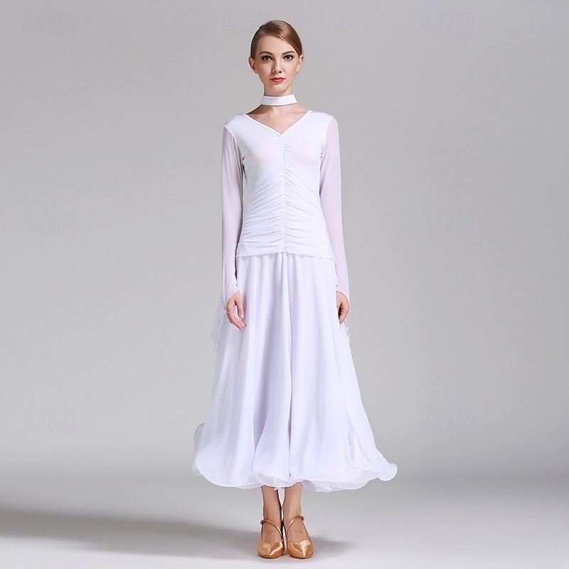 Vestido de baile de salón rojo para mujer, cuello en V, cintura fruncida, manga larga, vestido de vals, traje de competición estándar moderno. 2026 - $123.99 –P7