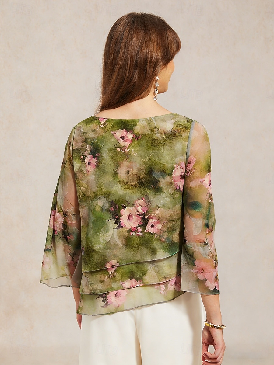 Women's Sheer Blouse Chiffon Tops Lace up Floral Elegant 3/4 Length Sleeve Bell Sleeve Crew Neck Daily Wedding Guest Moss green Summer Spring Fall 2026 - $61.99 –P2