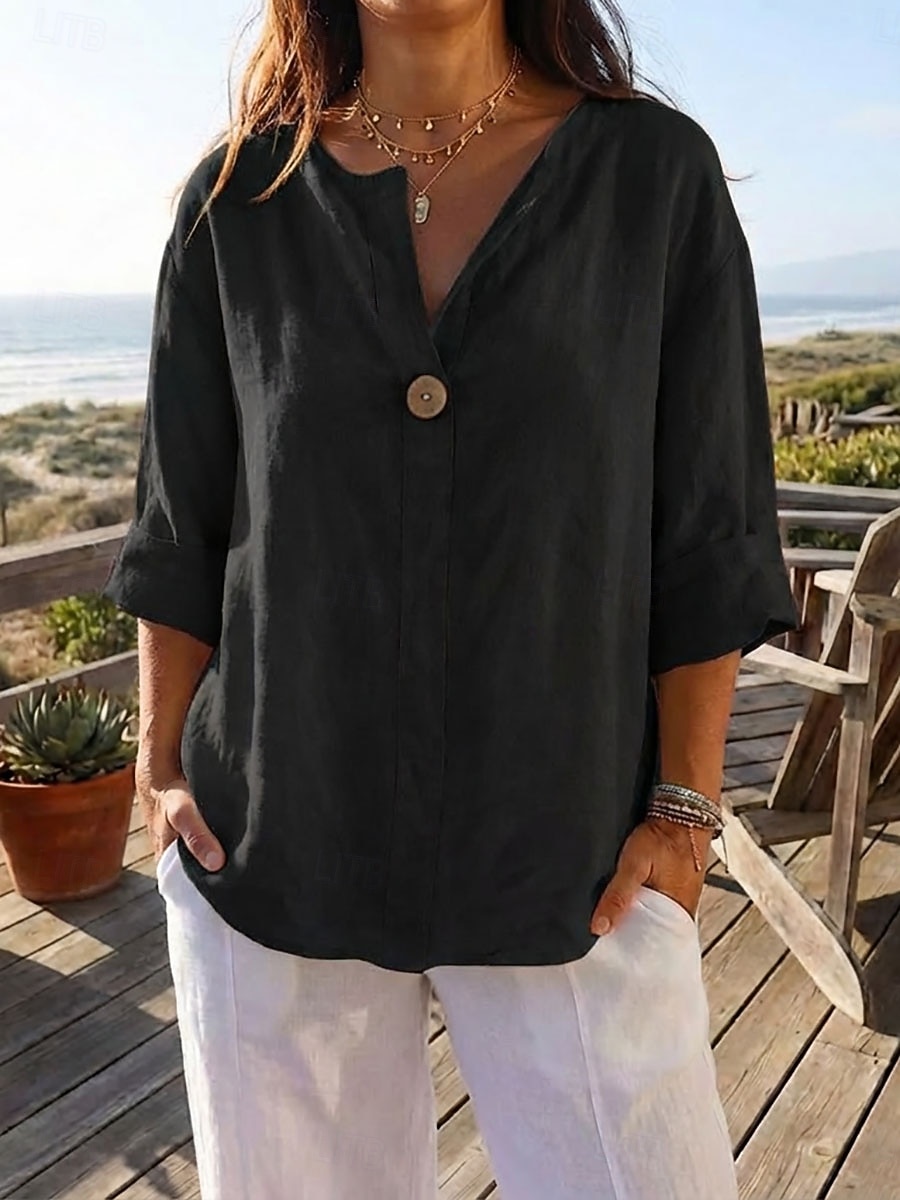 Women's Linen Shirts Blouse Patchwork Plain Stylish Modern Casual Long Sleeve V Neck Regular Tops Daily Holiday Going out Black White Navy Blue Orange Green Summer Spring 2026 - $23.99 –P4