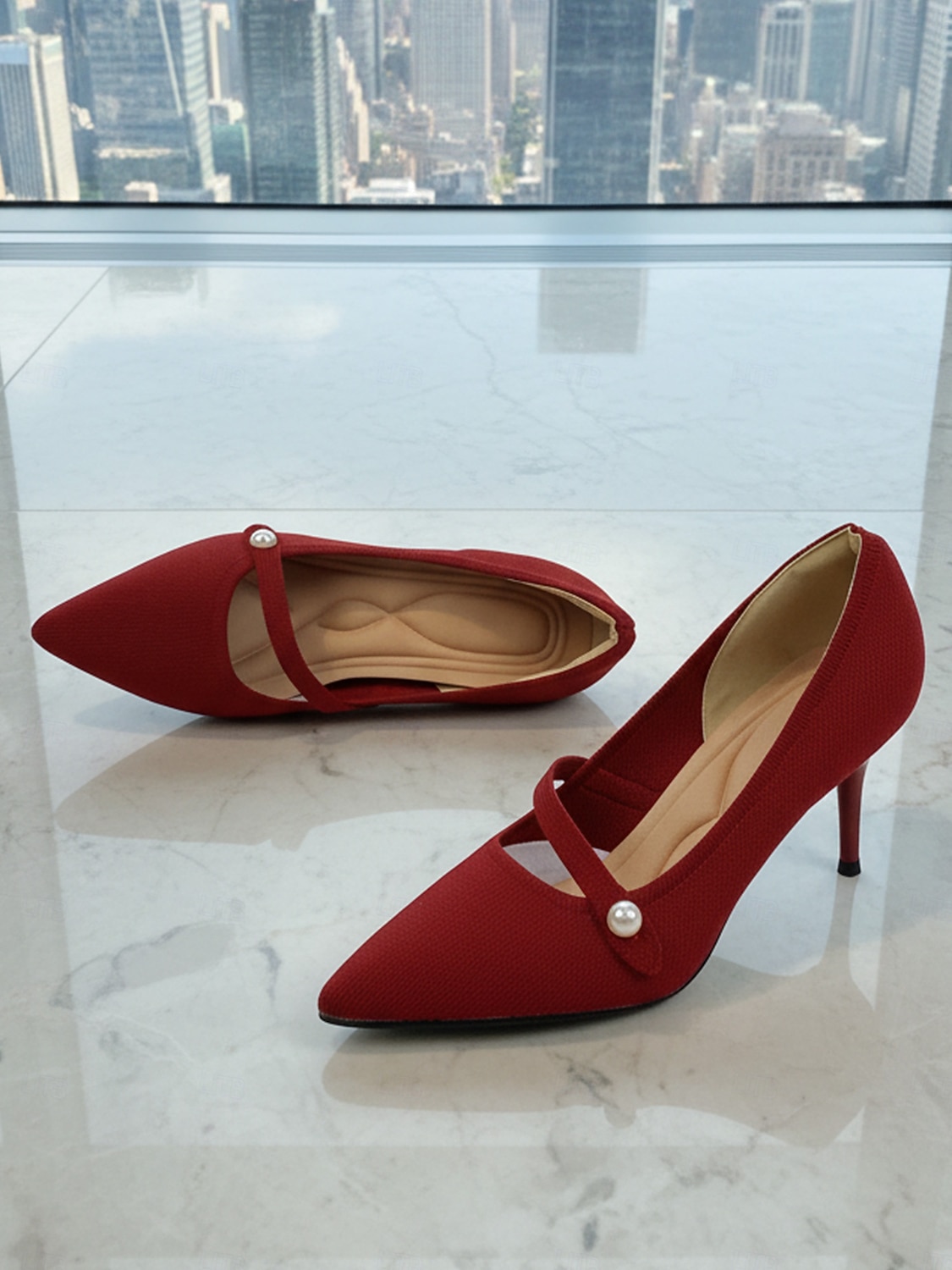 Women's Burgundy Pointed Toe Knit Pumps with Pearl Strap Accent – Comfortable High Stiletto Heels for Daily Commuting, Office Wear & Elegant Professional Ladies 2026 - $46.99 –P9