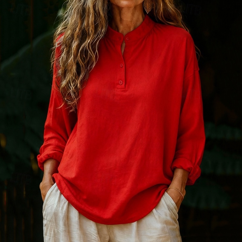 Жен. Рубашка Блуза Искусственный хлопок и лен Пуговицы Полотняное плетение Стиль Современное Длинный рукав Вырез под горло Обычные топы Повседневные Праздники На выход Белый Розовый Красный Зеленый 2026 - $18.49 –P6