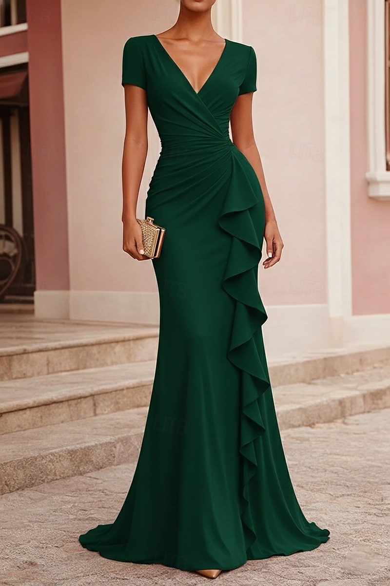 Meerjungfrauenschnitt Bodenlange Schleppe Abendkleid Elegant Kurzarm V Ausschnitt Hochzeit Formell Stretch-Crêpe mit Gerafft Rüschen 2026 - $171.99 –P5