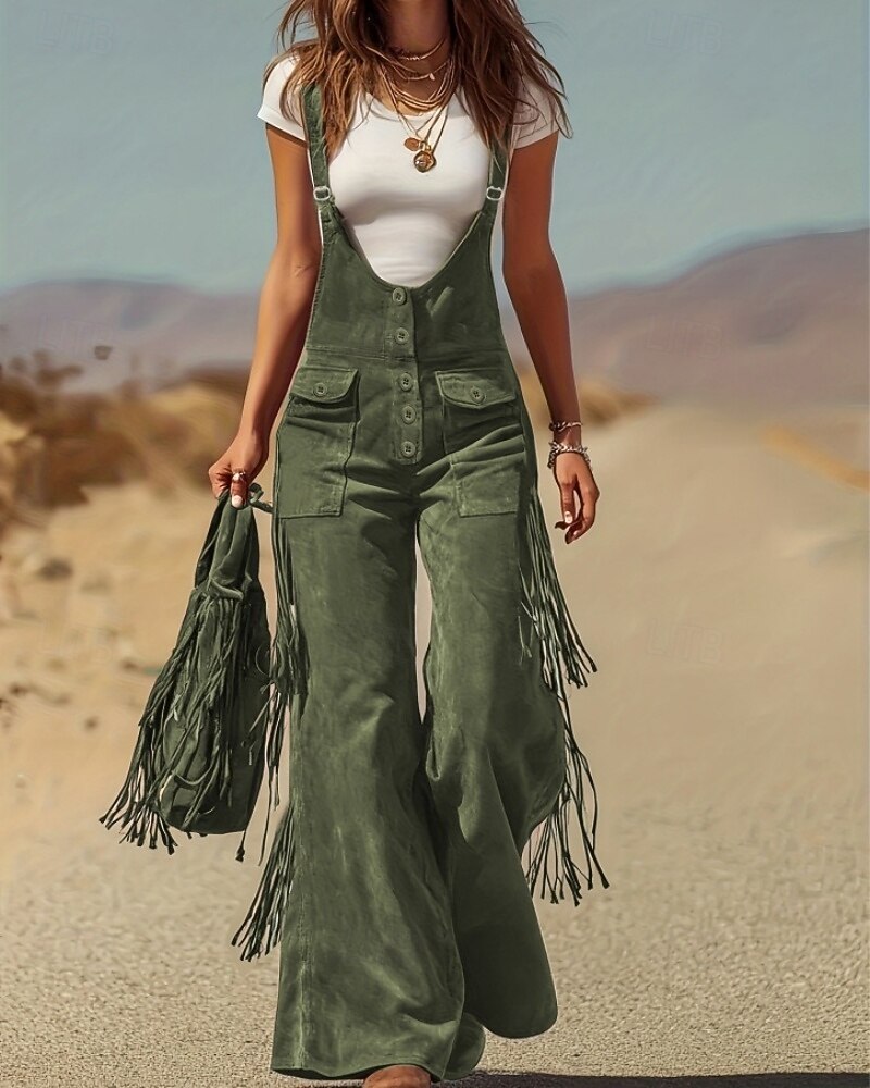 Жен. Брюки карго Широкие Биб Колготки Комбинезон Мода Уличный стиль На каждый день Полная длина Завышенная Полотняное плетение С кисточками Карман удобный Неэластичная 2026 - $61.99 –P5