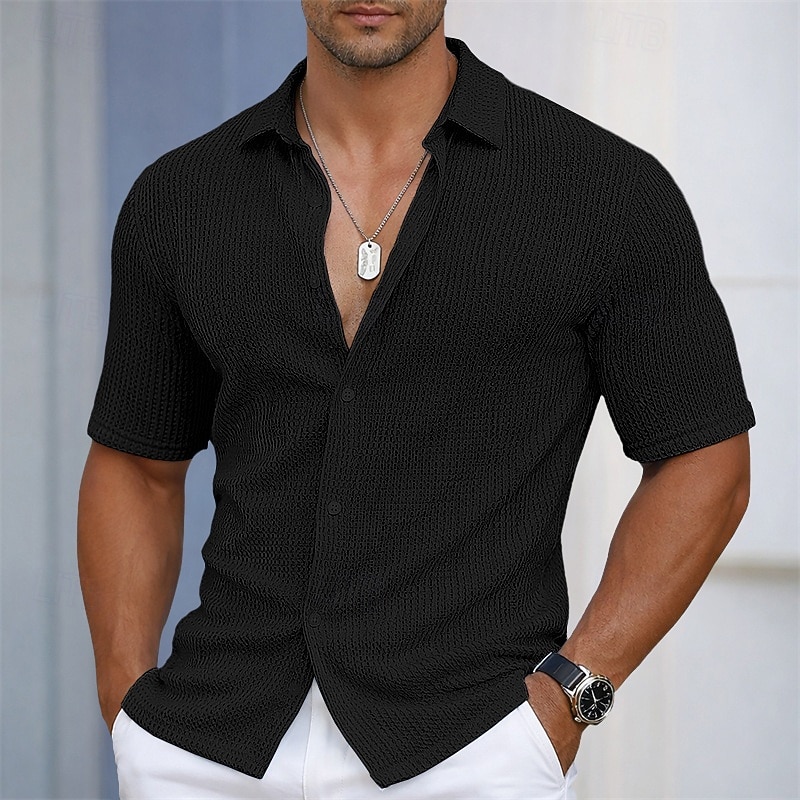 Men's Shirt Texture Casual Shirt Button Up Shirt Light Blue Short Sleeve Plain Shirt Collar Casual Daily Hollow Out Clothing Apparel Elegant Fashion Casual 2026 - $32.99 –P6