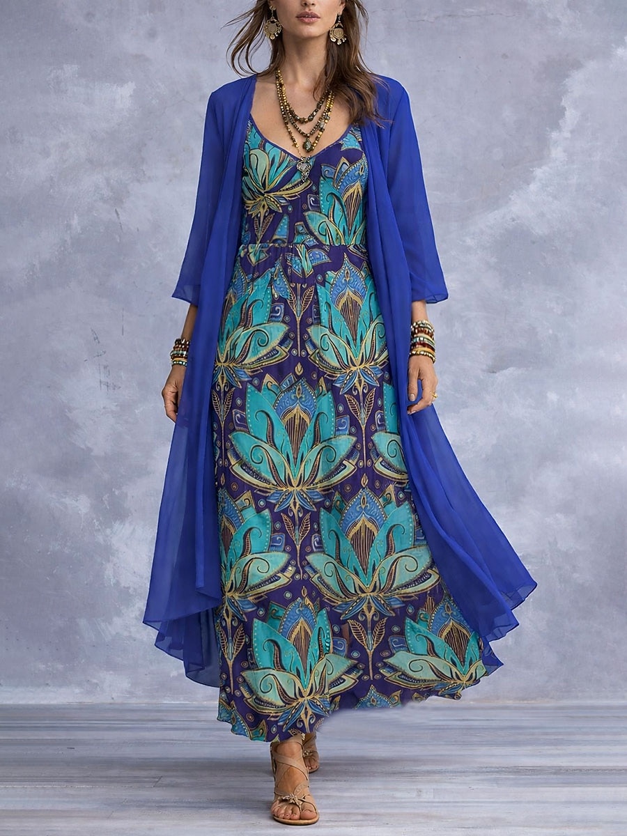Damen Kleid-Set A Linie Kleid Urlaub Boho Blumen Grafik Geschichtet Druck Maxikleid Dreiviertelarm V Ausschnitt Strand Blau Rosa Purpur Sommer Frühling Normale Passform 2026 - $51.99 –P1