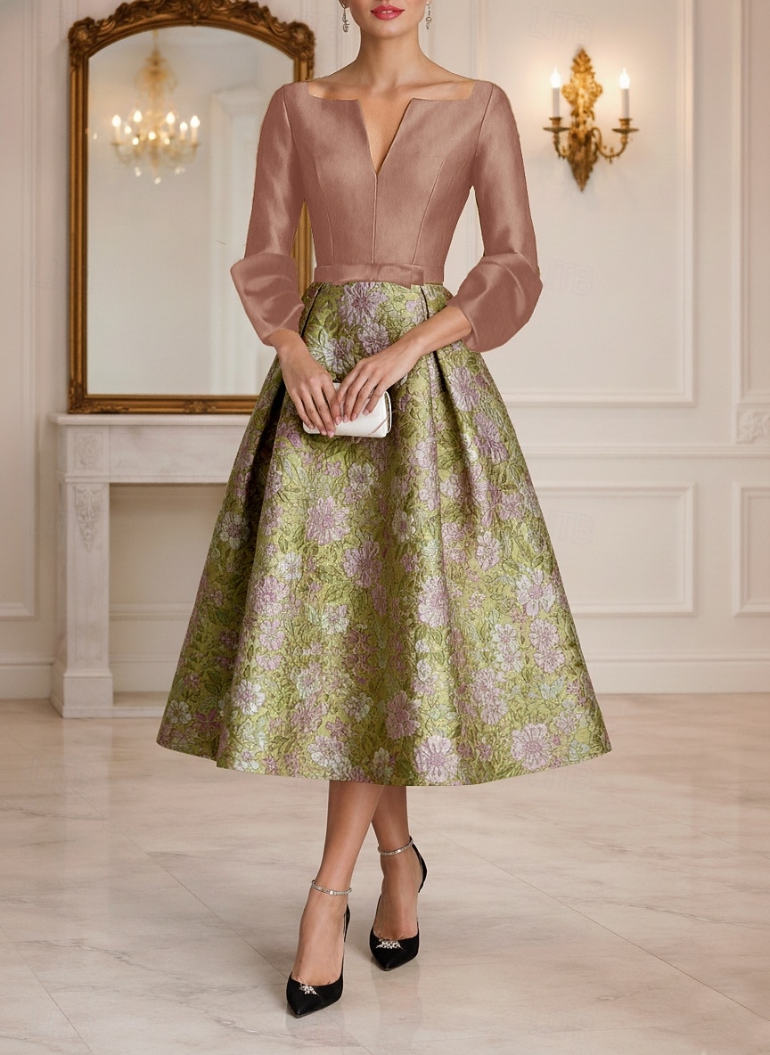 Ligne A Longueur thé Robes de Cocktail Robes de soirée Élégant ancien Manche 3/4 Col en V Mariage Formel Taffetas Jacquard avec Noeud(s) Plis de 2026 ? $165.59 –P5
