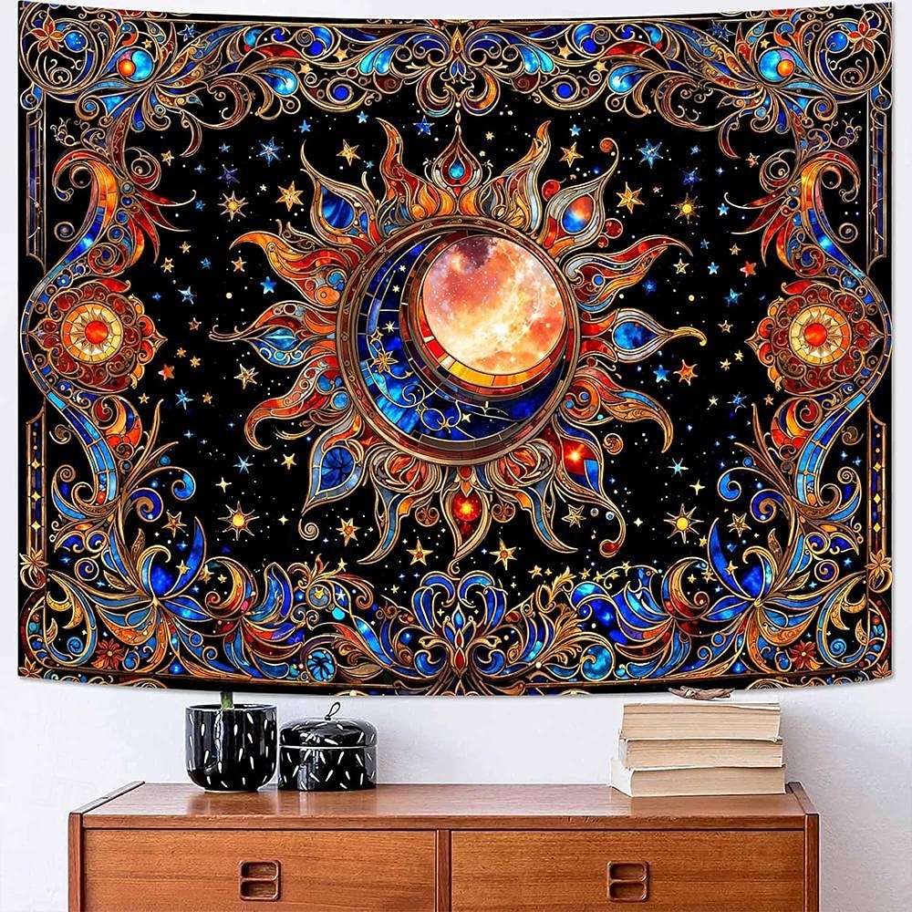 Wandteppich mit Sonne und Mond aus Buntglas, himmlisches Mosaik, Boho-Stil, kunstvolle Wanddekoration für Yoga-, Meditations- und Wohnzimmer 2026 - $20.99 –P6
