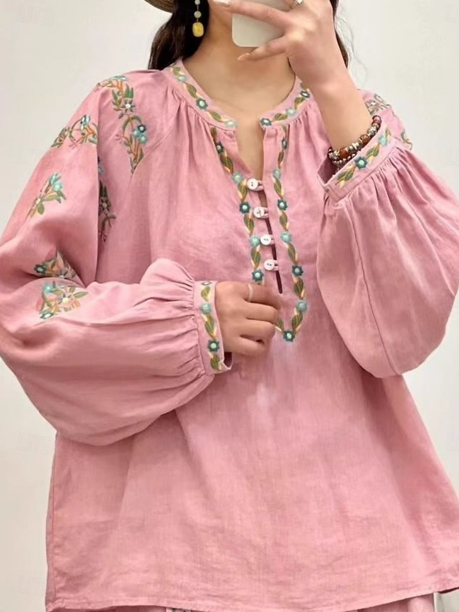 Women's Cotton Linen Shirts Faux Cotton Linen Embroidered Floral Basic Casual Long Sleeve Crew Neck Regular Tops Daily Pink Fuchsia Green Beige Summer Spring Fall 2026 - $25.99 –P2