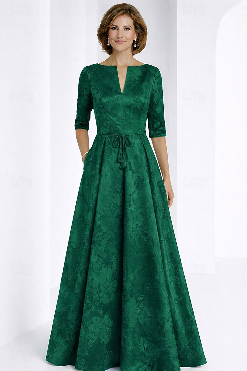 Corte A Hasta el Suelo Vestido Invitada Boda Vestido formal Vestido de la Llamarada Vestido de Madrina Media Manga Escote en Pico Elegante Vintage Formal Jacquard con Lazo(s) 2026 - $185.3 –P5