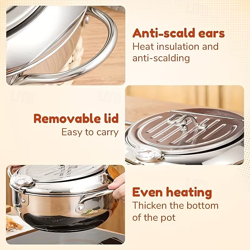 Friteuse van 304 roestvrij staal met temperatuurregeling, multifunctionele oliebesparende frituurpan met uitneembaar filtermandje, universele voet voor gasfornuis &inductiekookplaten, frituurpan van 2026 - $42.99 –P11