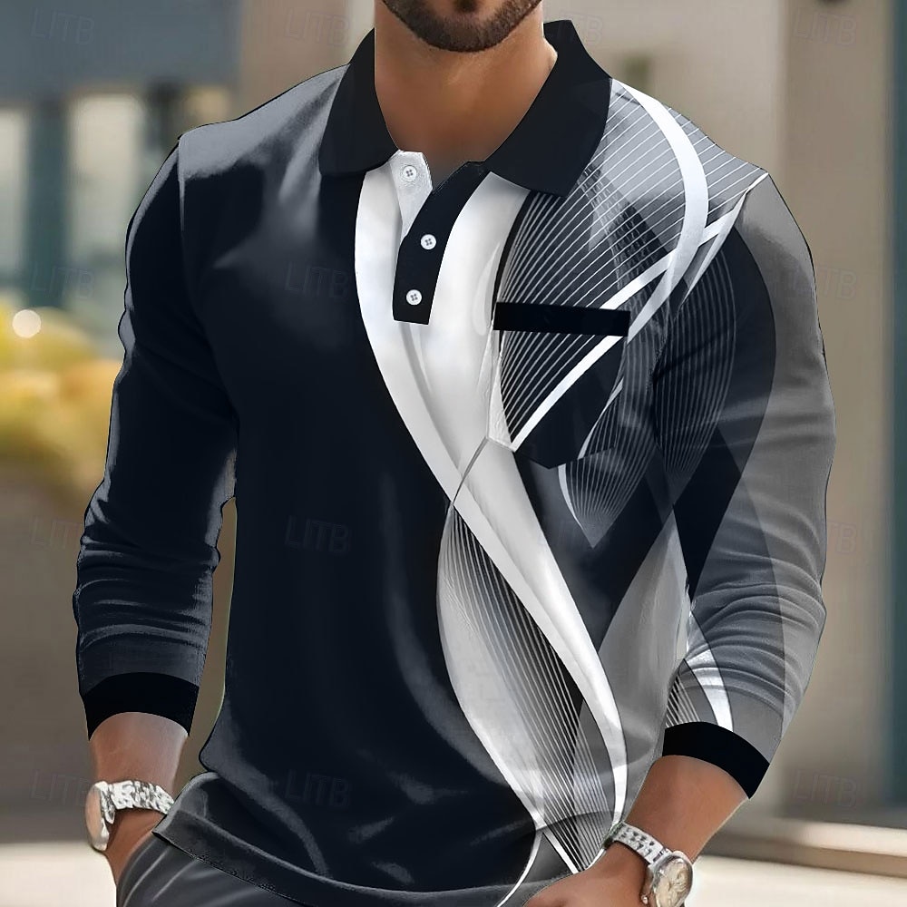 Hombre Geométrico Línea Polo Manga Larga Camisas de polo Camisas con cuello Informal de negocios Negocio Ropa Deportiva Ropa Cotidiana Bolsillo Impresión 3D Botones Primavera Otoño Invierno Negro 2026 - $22.99 –P2