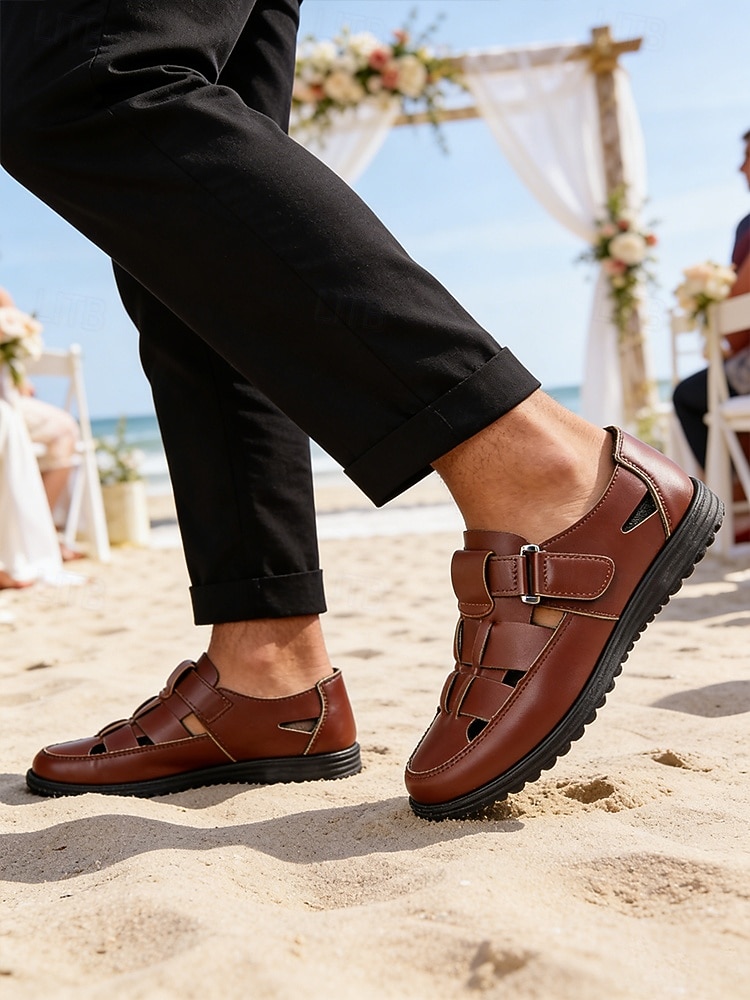 Men's Brown Faux Leather Sandals, Open Toe, Casual Wedding Shoes, Comfortable and Stylish Summer Wear 2026 - $32.99 –P4
