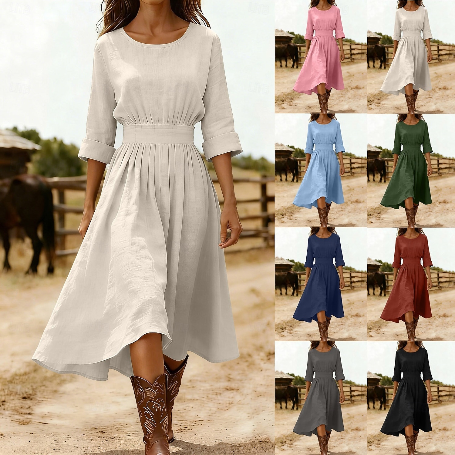 2026年 女性用 ミディドレス A ラインドレス 旅行度假风 カジュアル レギュラー 平織り 七分袖 クルーネック ブルー ブラック ピンク ネイビーブルー 夏 春 秋  コレクション – $33.99 –P8