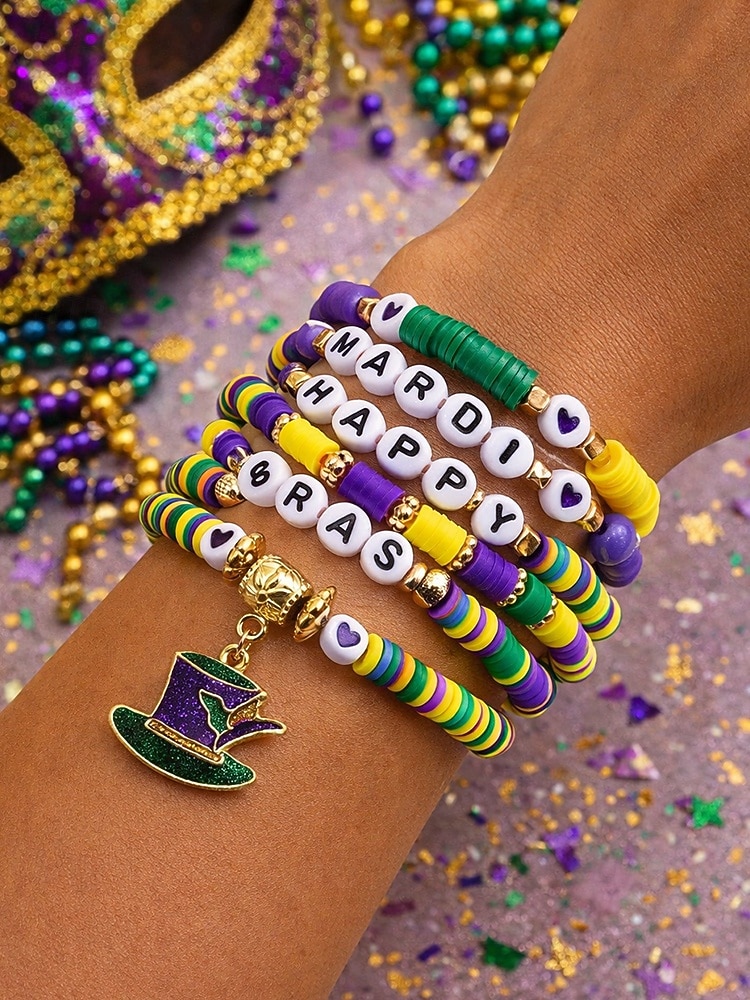 2026年 女性用アクリルブレスレットセット、マルチパターンデザイン、マルディグラテーマ、カーニバルやお祭りに最適  コレクション – $11.99 –P1