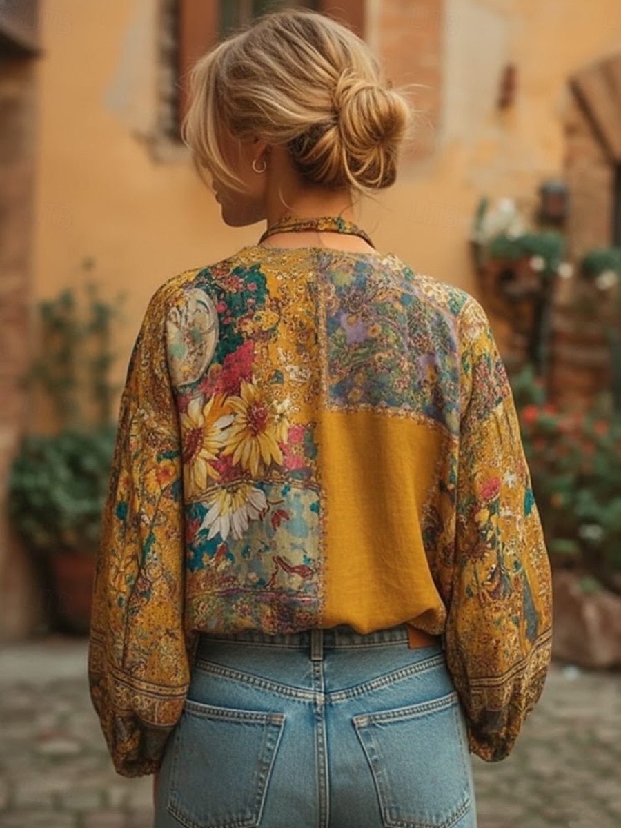 Bluzka damska Boho przypominająca len oddychająca lekka kwiatowy nadruk vintage stylowa długi rękaw V-neck regularne topy żółta różowa granatowa lato wiosna 2026 - $11.19 –P2