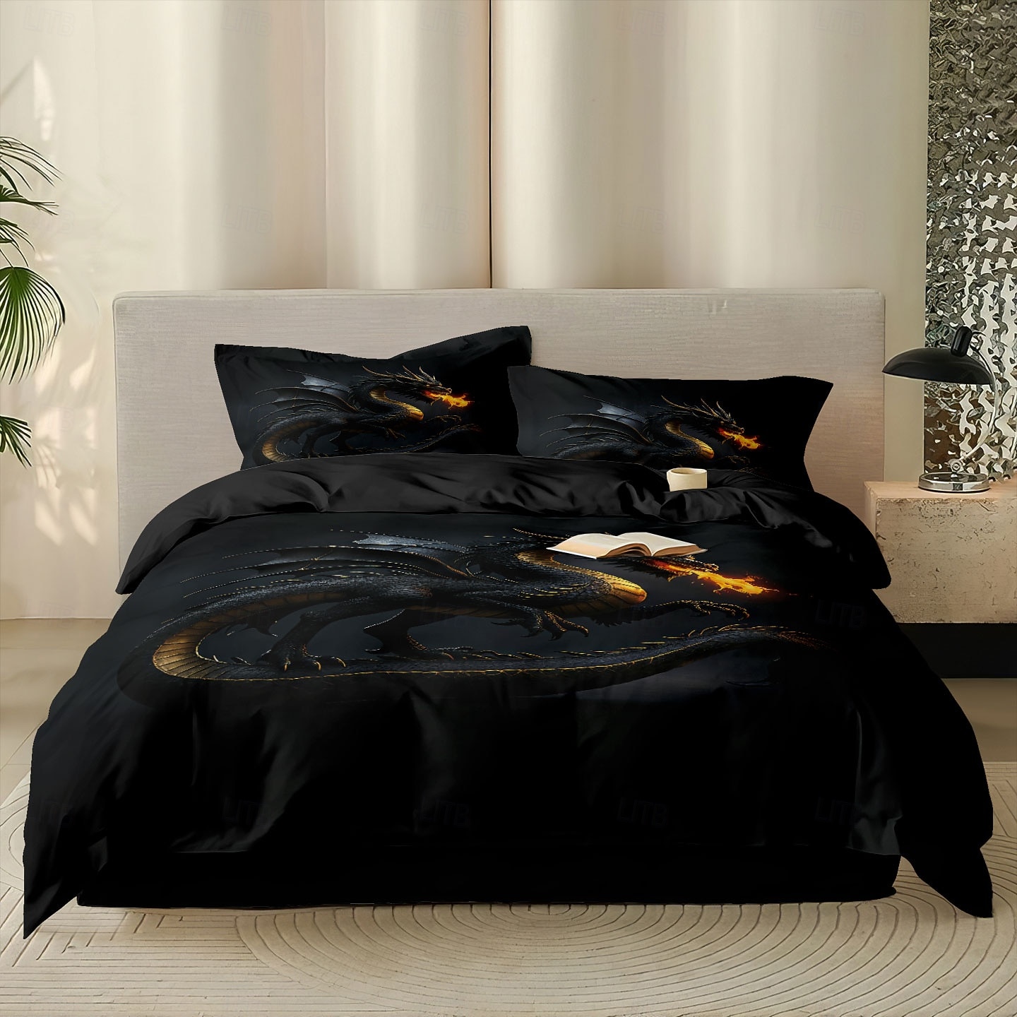 Set copripiumino con stampa di drago nero Spitfire, set di biancheria da letto in stile hotel con 1 copripiumino e 2 federe, morbido tessuto felpato corto, piumone non incluso. del 2026 a $44.99 –P3