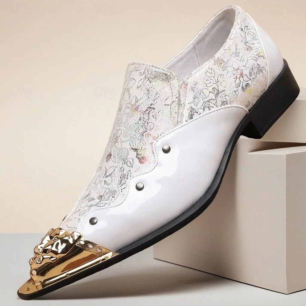Pánské bílé společenské boty, elegantní květinový vzor, nazouvací, luxusní svatební obuv se zlatými detaily 2026 - $79.99 –P1