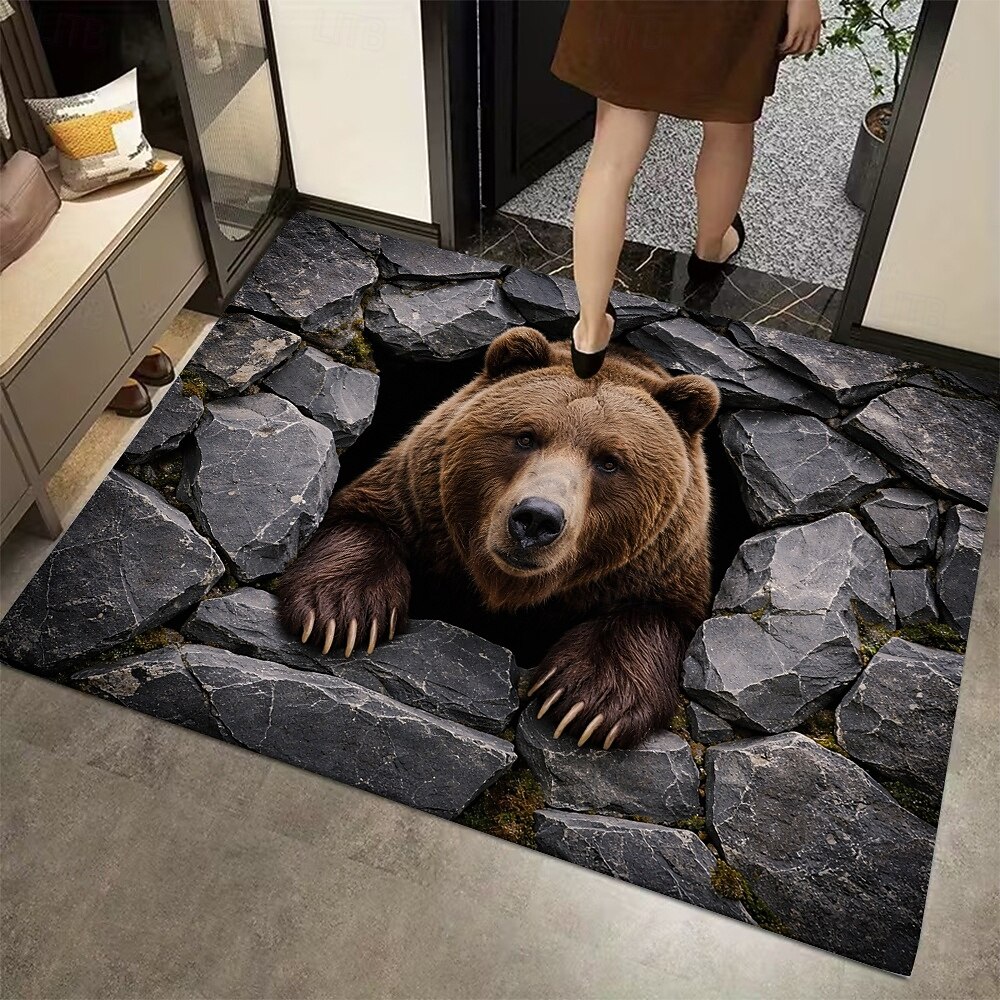 3D optische illusie deurmat, 2D platte print, 3D berenhol illusie vloerkleden, realistische grizzlybeer muur brekende mat, entree badkamermat 2026 - $18.99 –P3