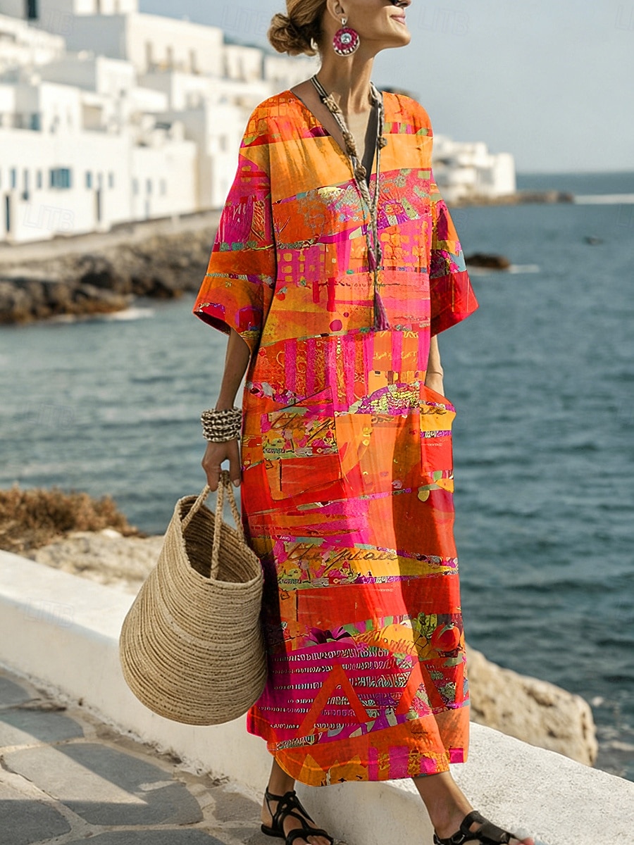 Γυναικείο Maxi Φόρεμα Λινό Σαφντ Dress Καθημερινό Χαλαρή Τακτοποίηση Γραφικό Αφηρημένο Μακρύ Μανίκι V Neck Μπλε Βασιλικό Μπλε Μωβ Πορτοκαλί Καλοκαίρι Άνοιξη 2026 - $44.99 –P1
