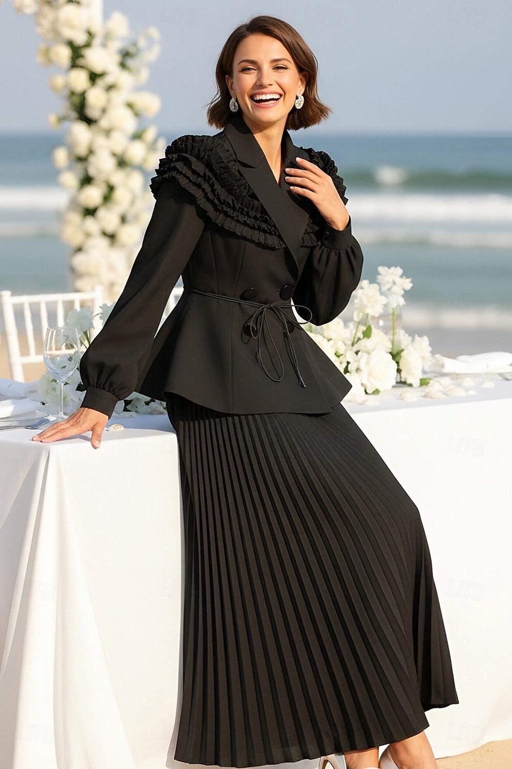 Zweiteilig A-Linie Knöchellänge Kleid für Hochzeitsgäste Kleider für Hochzeitsgäste Elegant Vintage Täglich Langarm Revers Gartenparty Hochzeit mit 3D-Blumen Falten 2026 - $137.99 –P5