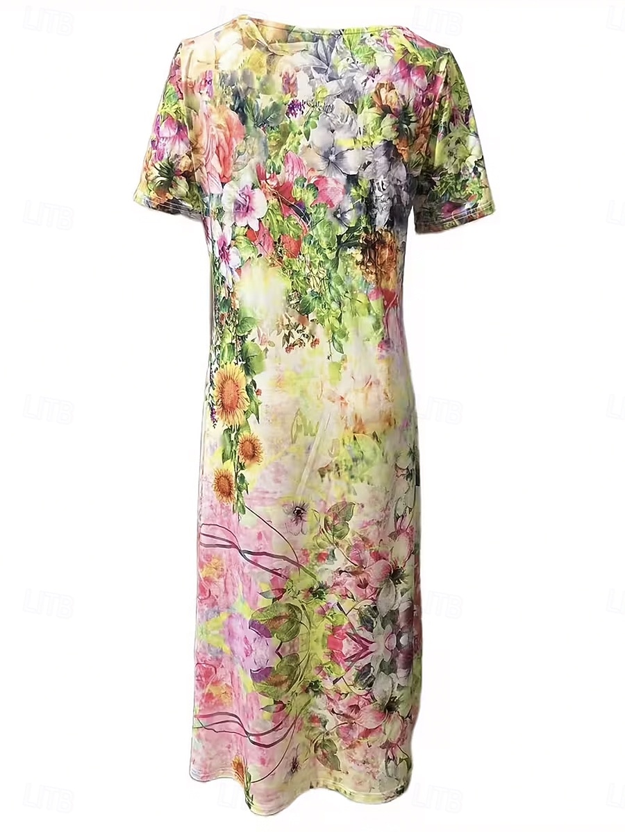 Dame Midikjole T skjortekjole Kjole med A-linje Sommerkjole Ferie Fritid Strand Ut på byen Normal Blomstret Grafisk Landskap Kortermet Crewneck Grønn Sommer Vår 2026 - $25.99 –P2