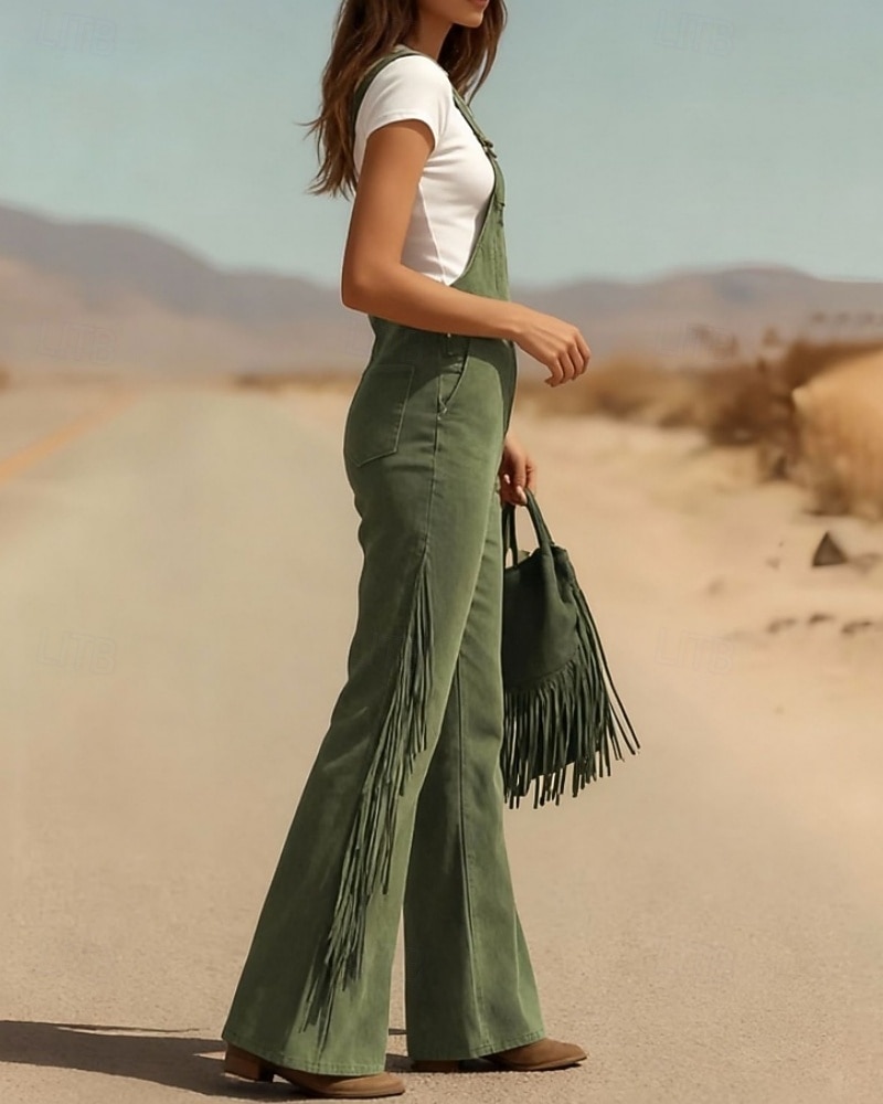 Жен. Брюки карго Широкие Биб Колготки Комбинезон Мода Уличный стиль На каждый день Полная длина Завышенная Полотняное плетение С кисточками Карман удобный Неэластичная 2026 - $61.99 –P6