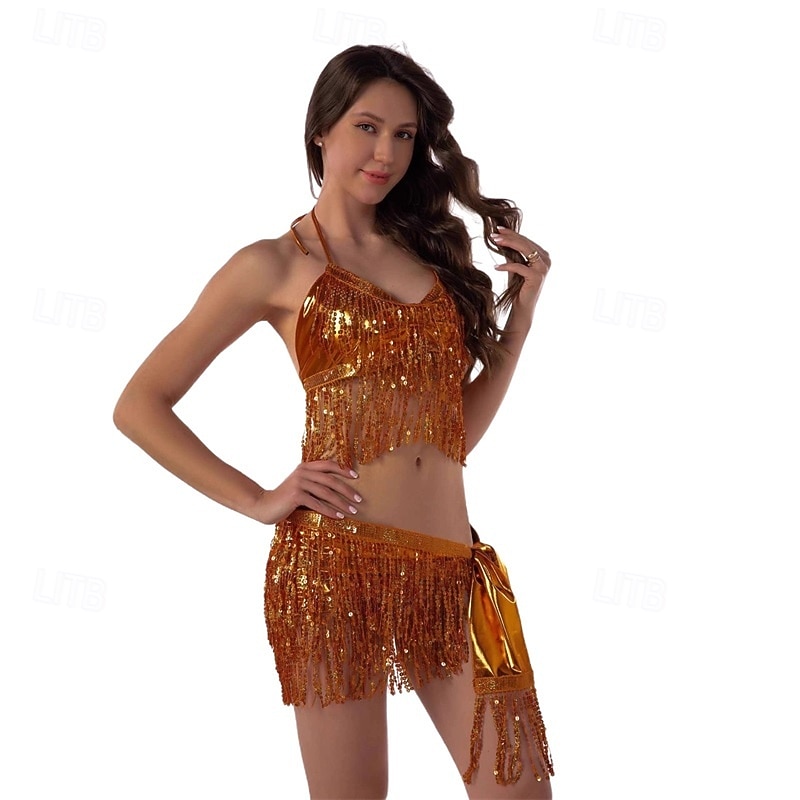 Samba Tanzbekleidung Gold Schimmer Pailletten-Tassel Bauchtanz-Set Leistungs-Kostüm 2026 - $20.99 –P5