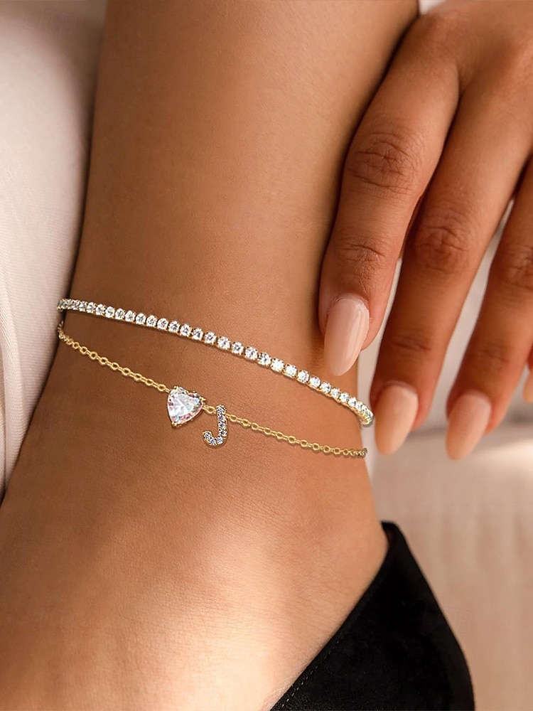 Ankelkjede med initialer til kvinner og hjerteformet cz-anheng, ankelkjede i legering med bokstaver, 26 alfabetalternativer, justerbar kjede, elegante minimalistiske smykker til valentinsdag og morsdagsgaver 2026 - $11.99 –P3