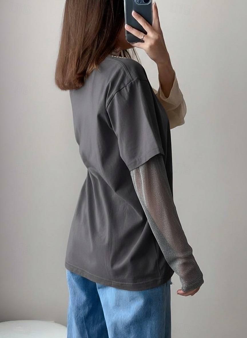 Naisten 100 % puuvillaverkkopaita tilkkutyö pitsi tilkkutyö feikki kaksiosainen yhdenvärinen tyylikäs rento pitkähihaisella pyöreällä kaula-aukolla säännölliset paidat päivittäinen ulkona musta khaki 2026 - $22.99 –P2