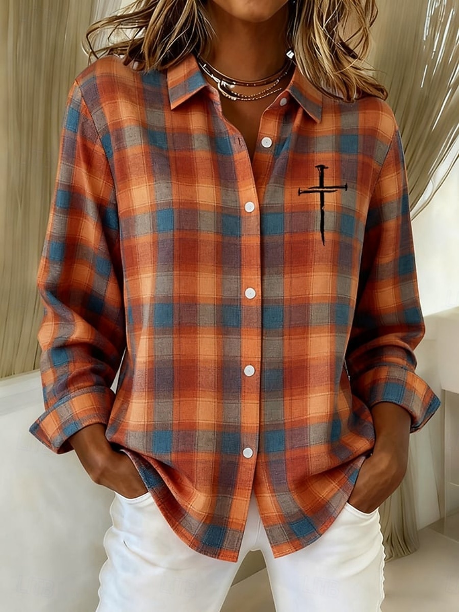 Mujer Camisa Camisa con botones Camisa casual Blusa Botones Plaid Vintage Elegante Clásico Manga Larga Cuello Camisero Tops regulares Diario Festivos Noche Naranja Verano Primavera 2026 - $35.99 –P1