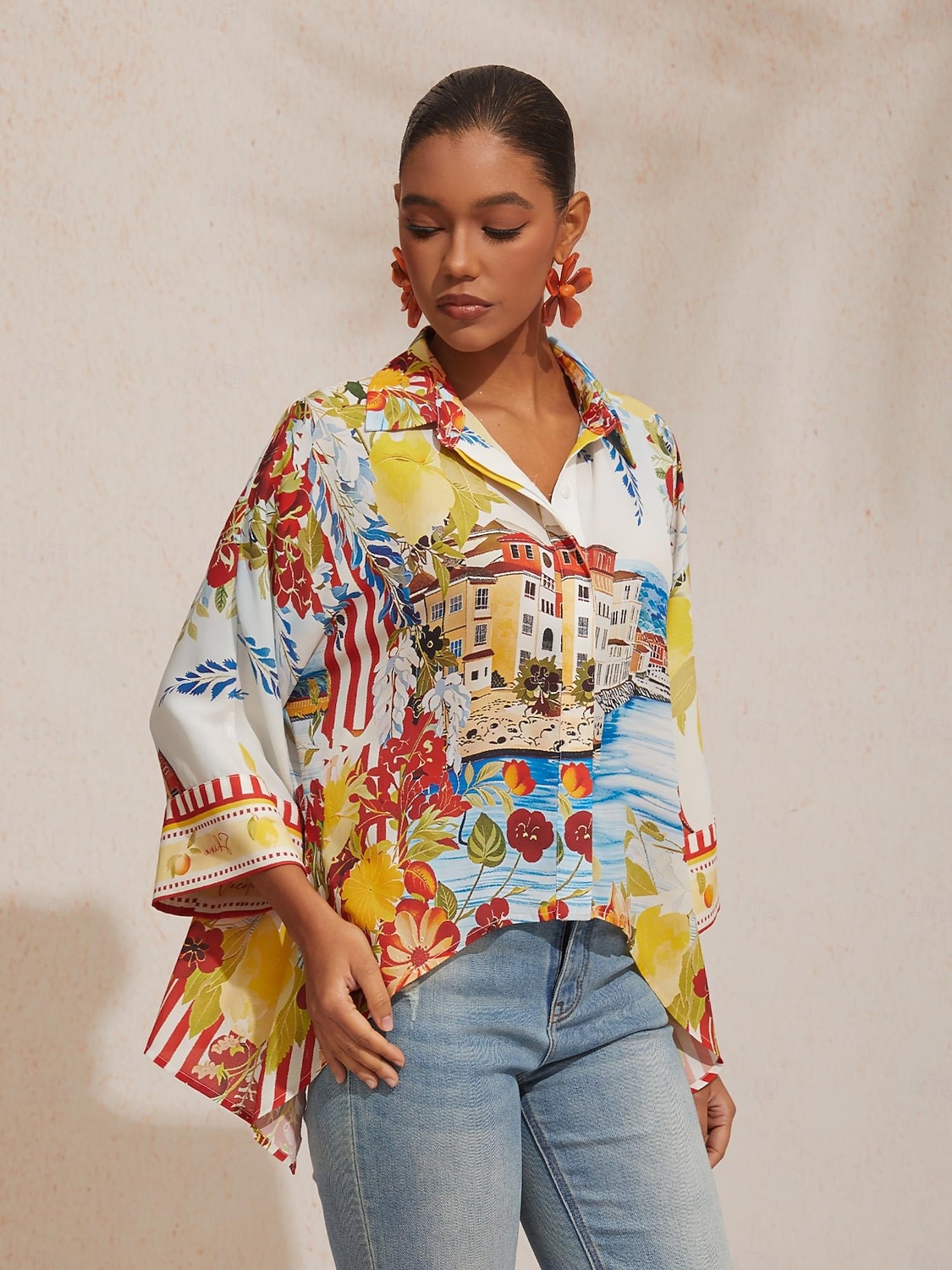 Sommerbluse aus fließendem Chiffon mit malerischem Blumenmuster im Santorini-Stil 2026 - $67.99 –P7