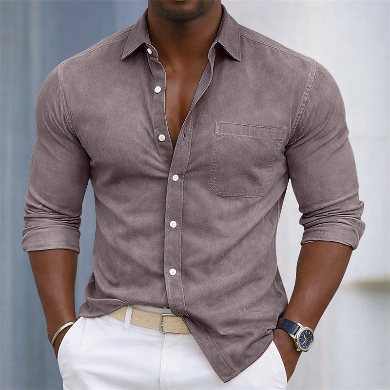 SoftFade™ Men's Shirt Casual Shirt Cotton Shirt Acid Wash Shirt Green Apricot Light Blue Long Sleeve Plain Shirt Collar Casual Daily Front Pocket Clothing Apparel Cotton Elegant Fashion Casual 2026 - $31.99 –P5