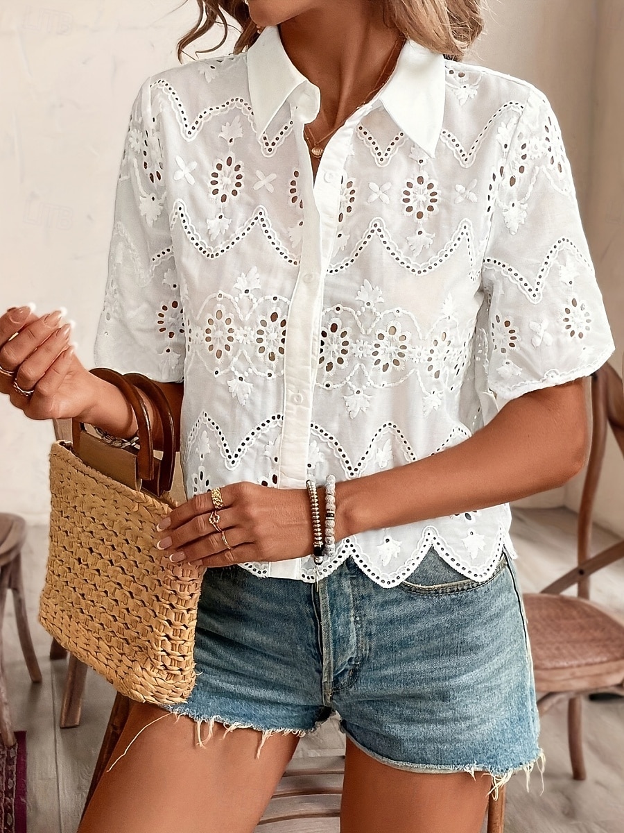 Dames Blouse Vetergat Effen Kleur Stijlvol Casual Korte mouw Overhemdkraag Normale tops Dagelijks Wit Zomer Lente Herfst 2026 - $33.99 –P4