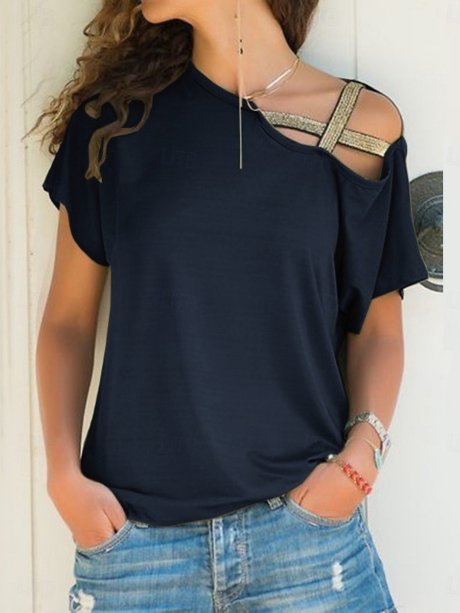 Mujer Camiseta Camiseta superior Retazos Color sólido Elegante Clásico Casual Manga Corta Cuello Barco Tops regulares Diario Noche Fin de semana Azul Piscina Negro Blanco Vino Naranja Verano Primavera 2026 - $19.99 –P3