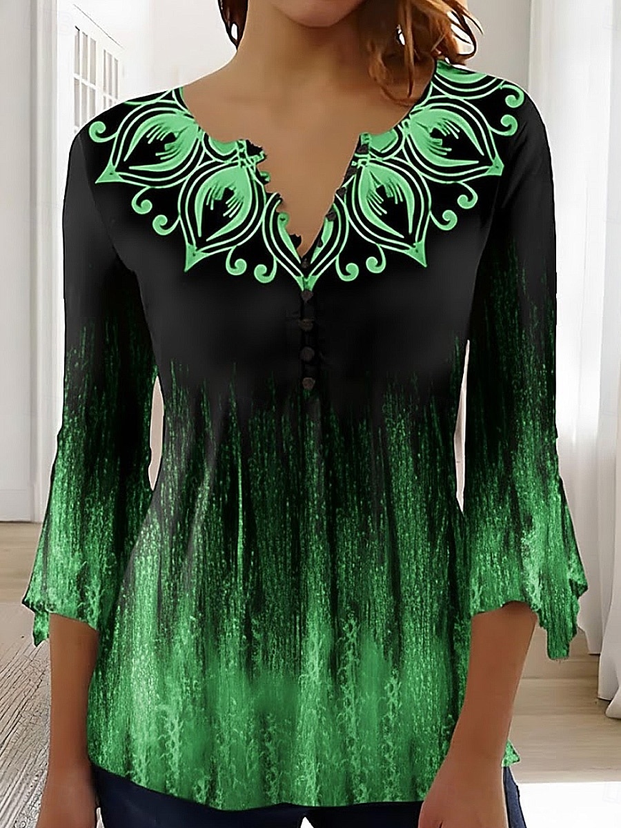Women's T-Shirt  Ombre Floral Graphic Elegant Vintage Stylish 3/4 Length Sleeve V Neck Regular Tops Daily Going out Buttons Blue Pink Red Green Summer Spring 2026 - $26.99 –P4