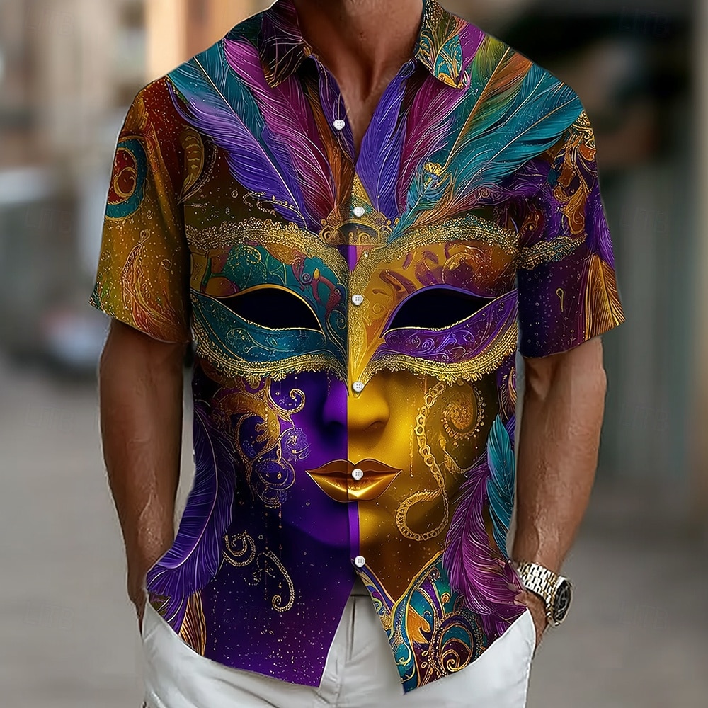Karneval Herren Blende Farbe Karnival Maske mit Federn Hemd Knopfhemd Kurzarm Vintage-Retro Party Ferien Sommer Frühling Umlegekragen 3D-Druck Hemden mit Kragen Purpur Orange Dunkelviolett 2026 - $25.99 –P3