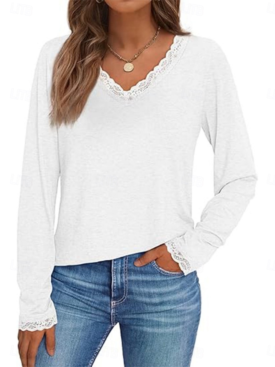 Women's T-Shirt  Solid Color Stylish Casual Long Sleeve V Neck Regular Tops Daily Lace Patchwork Blue Black White Green Dark Gray Spring Fall Winter 2026 - $24.99 –P2