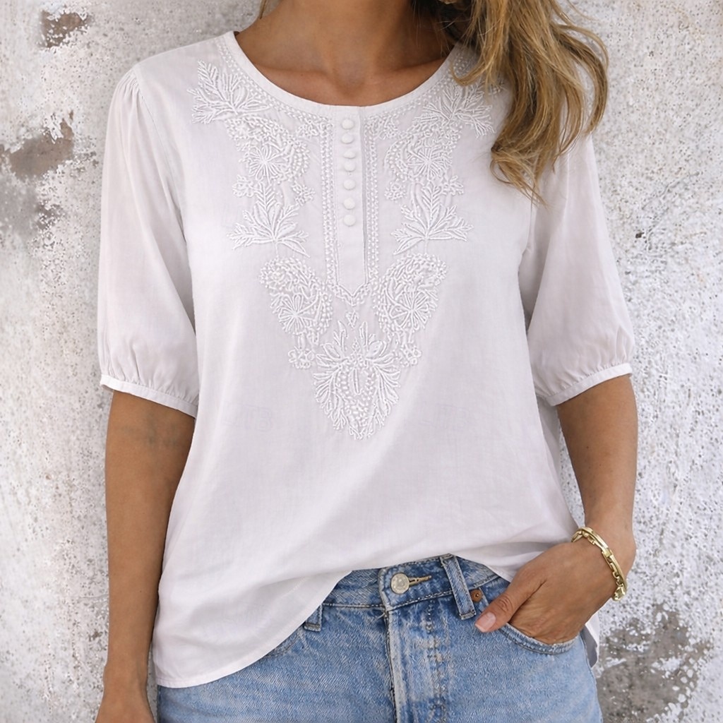 Per donna Maglietta in cotone e lino T-shirt ricamata Bottoni Vintage Etnico Casual Mezza Manica Manica a Palloncino Henley Top Regolari Quotidiano Uscire Blu Bianco Giallo Arancione Cachi Estate del 2026 a $21.99 –P9