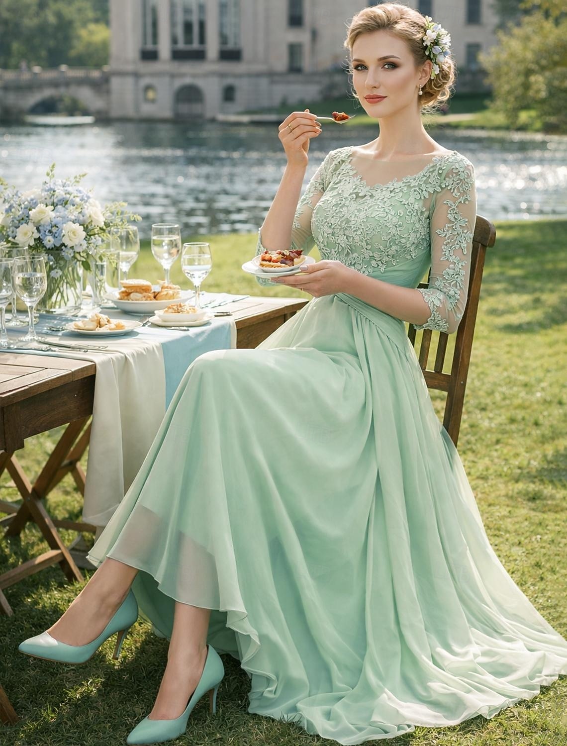 Linea ad A Lunghezza al pavimento Abito da invitata a nozze Abito Formale Abito da sera Abito da cerimonia per signora Manica 3/4 Collo gioiello Elegante Ricevimento di matrimonio Chiffon Pizzo con del 2026 a $195.99 –P3