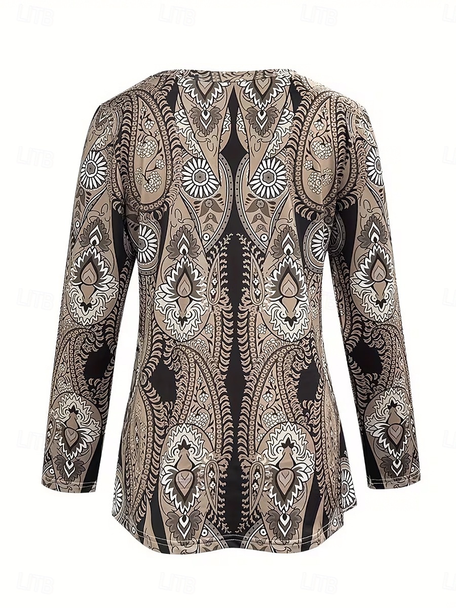 Damen T Shirt Druck Grafik Paisley-Muster Elegant Mode Lässig Langarm Rundhalsausschnitt Rundhals Lange Oberteile Täglich Wochenende Braun Sommer Frühling Herbst 2026 - $24.99 –P3