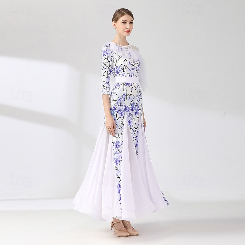 Women's Blue and White Floral Ballroom Dance Dress Asymmetrical Mesh Ruffle Shoulder 3/4 Sleeve Waltz Gown Modern Standard Competition Outfit 2026 - $149.99 –P2